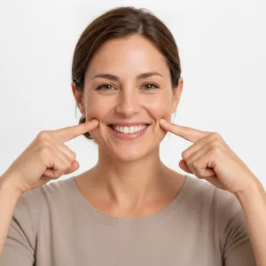 Woman demonstrating cheek smile resistance face yoga: wide open smile with upper teeth visible and index fingertips resting lightly at both mouth corners