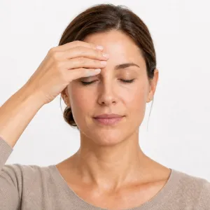 Woman with eyes closed, three finger pads resting horizontally across the mid-forehead above the brows — the start-and-return contact shape for light forehead tapping