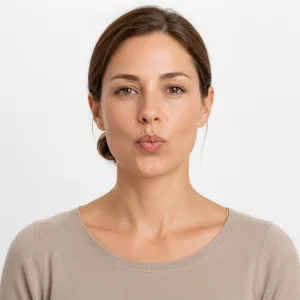 Woman with a controlled forward lip pucker, forehead smooth and eyes calm, demonstrating Air Kiss